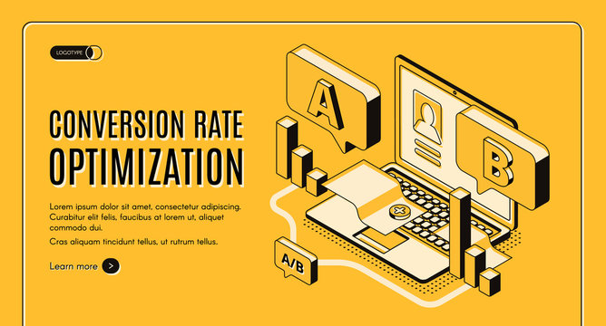 Conversion Rate Optimization Online Service Isometric Vector Web Banner With A B Split Testing Results On Laptop Screen Illustration. Internet Marketing, E-commerce Seo Startup Landing Page Template