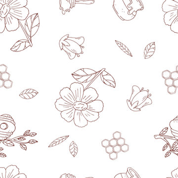 Semless pattern with cute contour flowers and hunny isolate on a white background.