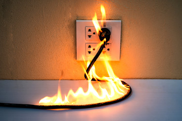 On fire electric wire plug Receptacle wall partition,Electric short circuit failure resulting in...