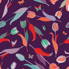 Various tulips with colorful leaves and buterflies seamless pattern. Vector illustration on violet background