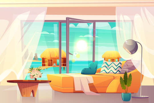 Tropical Resort Hotel Room, Luxury Apartments On Ocean Shore Interior Cartoon Vector With Comfortable Bed And Exit On Beach Illustration. Vacation And Leisure In Exotic Country. Chill Out On Seashore