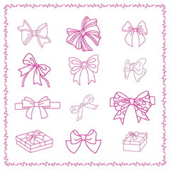 Set of different bows and ribbon knots. Hand drawn isolated vector - 257602548