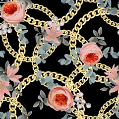 Raamstickers Bloemen en juwelen Gouden ronde check naadloze patroon met bloemen.
