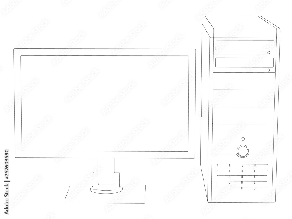 Poster contour of computer. outline of system unit and monitor. front view. vector illustration