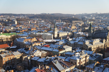 Obraz premium Ukraine. City of Lviv. View from above. The roofs of the city.