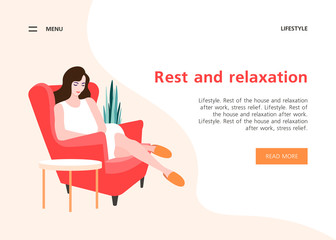 Tired woman sitting in a comfortable armchair on a white background. Rest and relaxation at home. Vector flat illustration