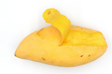 ripe mangoes, yellow mango peel isolated on black background.