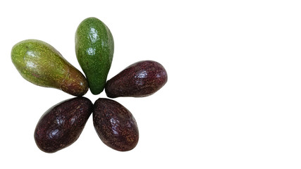 Closeup Shot at A Group of Avacados / Avocadoes / Alligator Pear (Persea americana).  Isolated or Die Cut on White Background with Clipping Path or Selection Path and Copy Space for Text.