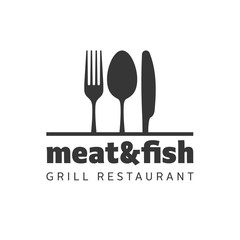 Food vector logo with fork, knife and spoon. Isolated sign. Cutlery under the line with company or restaurant name