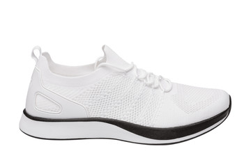 white sneakers made of cloth mesh, with a black stripe, sports summer shoes on a white background