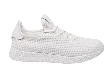 white sneakers made of cloth mesh, sports summer shoes on a white background, isolate