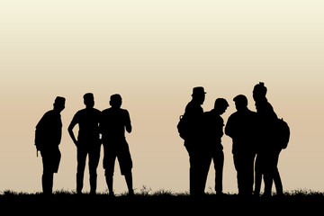 Silhouette group friends on sunset time