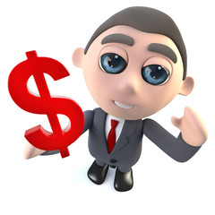 Funny cartoon 3d businessman character holding a US Dollar currency symbol