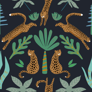 Jungle seamless pattern. Animal print with leopard. Summer background. Vector illustration