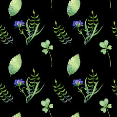 Simple seamless pattern with differents leaves  and blue flowers