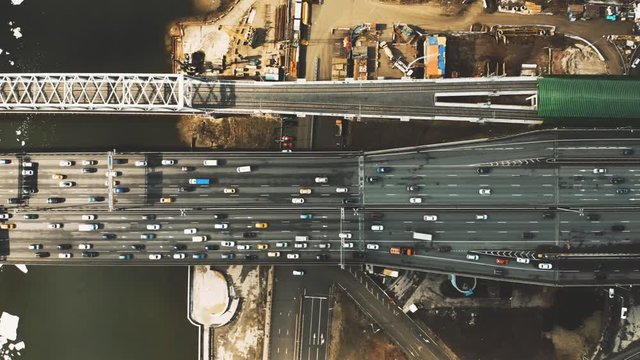 Aerial down view of car traffic on the bridge