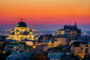 Belgrade panorama with the temple of St. Sava and sunset. The symbol of Belgrade.