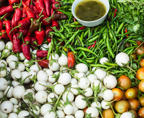 Eggplant Tomato Green chilli Red chilli Asia Cooking Ingredient Colourful fresh vegetable in Market