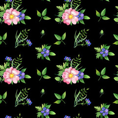 Seamless pattern with dog-rose, green lives  and blue flower   