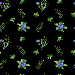 Fototapeta na wymiar Simple seamless pattern with differents leaves and blue flowers