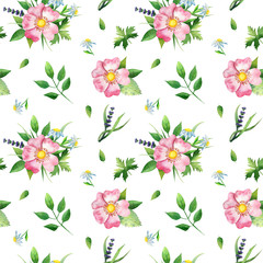 Obraz premium Seamless pattern with dog-rose, green lives and chamomile