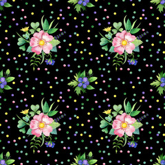 Seamless pattern with dog-rose, green lives  and confetti