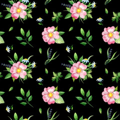 Seamless pattern with dog-rose, green lives  and chamomile