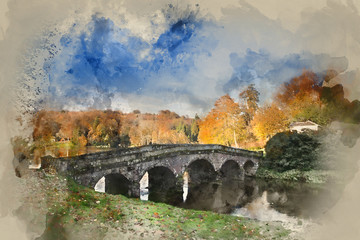 Watercolour painting of Bridge over main lake during Autumn.