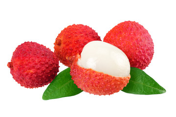 Fresh lychee with leaves isolated on white background