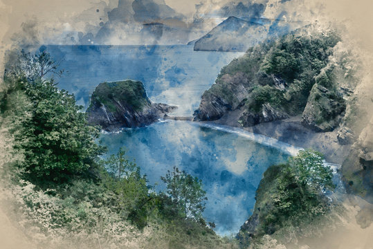 Watercolour painting of Beautiful dramatic sunrise landsape image of small secluded cove at Combe Martin Bay