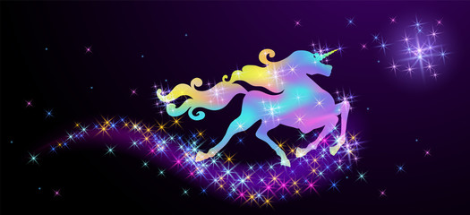 Obraz na płótnie Canvas Starlit sky and iridescent unicorn with luxurious winding mane against the background of the fantasy universe with sparkling stars