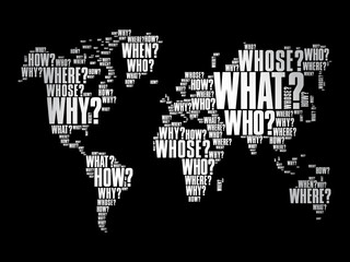 Fototapeta na wymiar Question Words in shape of World Map, word cloud business concept background