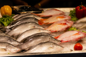 Counter near the restaurant with fresh fish on ice
