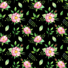 Seamless pattern with dog-rose and green lives  