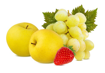 Fresh yellow apples with grapes and strawberry isolated on white background with clipping path