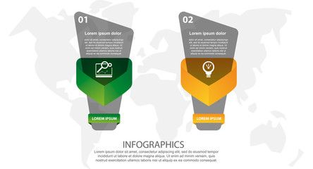 Modern 3D vector illustration. Petal label infographic template with two elements and triangle. Contains icons and text. Designed for business, presentations, workflow layout, 2 step diagrams.