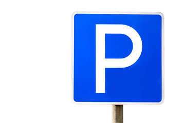 Blue parking sign isolated on white background.