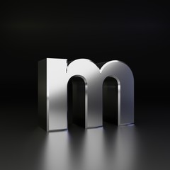 Chrome letter M lowercase. 3D render shiny metal font isolated on black background