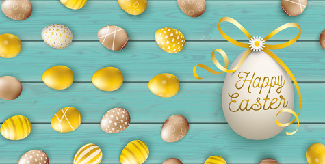 Fototapeta na wymiar Golden Happy Easter Eggs Bow Wood Turquoise Header