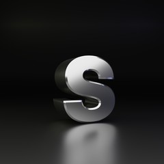 Chrome letter S lowercase. 3D render shiny metal font isolated on black background