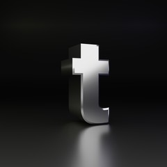 Chrome letter T lowercase. 3D render shiny metal font isolated on black background