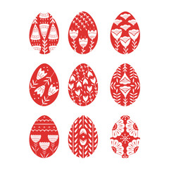 Set of Easter eggs with floral and plant ornamental. Folk style collection, laconic vector graphic Scandinavian style. Red color. For holiday celebration design