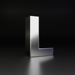 Chrome letter L uppercase. 3D render shiny metal font isolated on black background