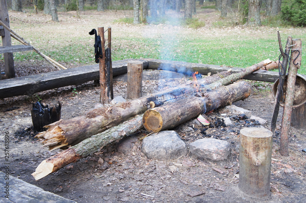 Wall mural Rest in the wild. Cooking on a fire. Bonfire in the forest.