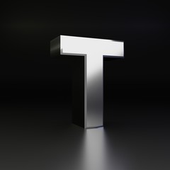 Chrome letter T uppercase. 3D render shiny metal font isolated on black background