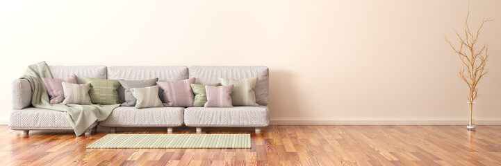 Interior design of modern living room with sofa and branch, 3d rendering