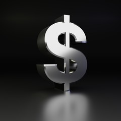 Chrome dollar symbol. 3D render shiny metal font isolated on black background