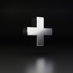 Obraz premium Chrome plus symbol. 3D render shiny metal font isolated on black background