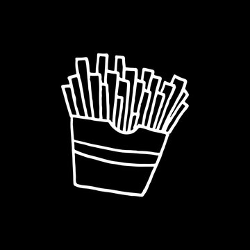 Cute cartoon hand drawn french fries drawing. Sweet vector black and white french fries drawing. Isolated monochrome doodle french fries drawing on black background.