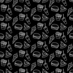Cute cartoon fast food background with hand drawn fast food. Sweet vector black and white fast food background. Seamless monochrome fast food background for fabric, wallpapers, wrapping paper and web.
